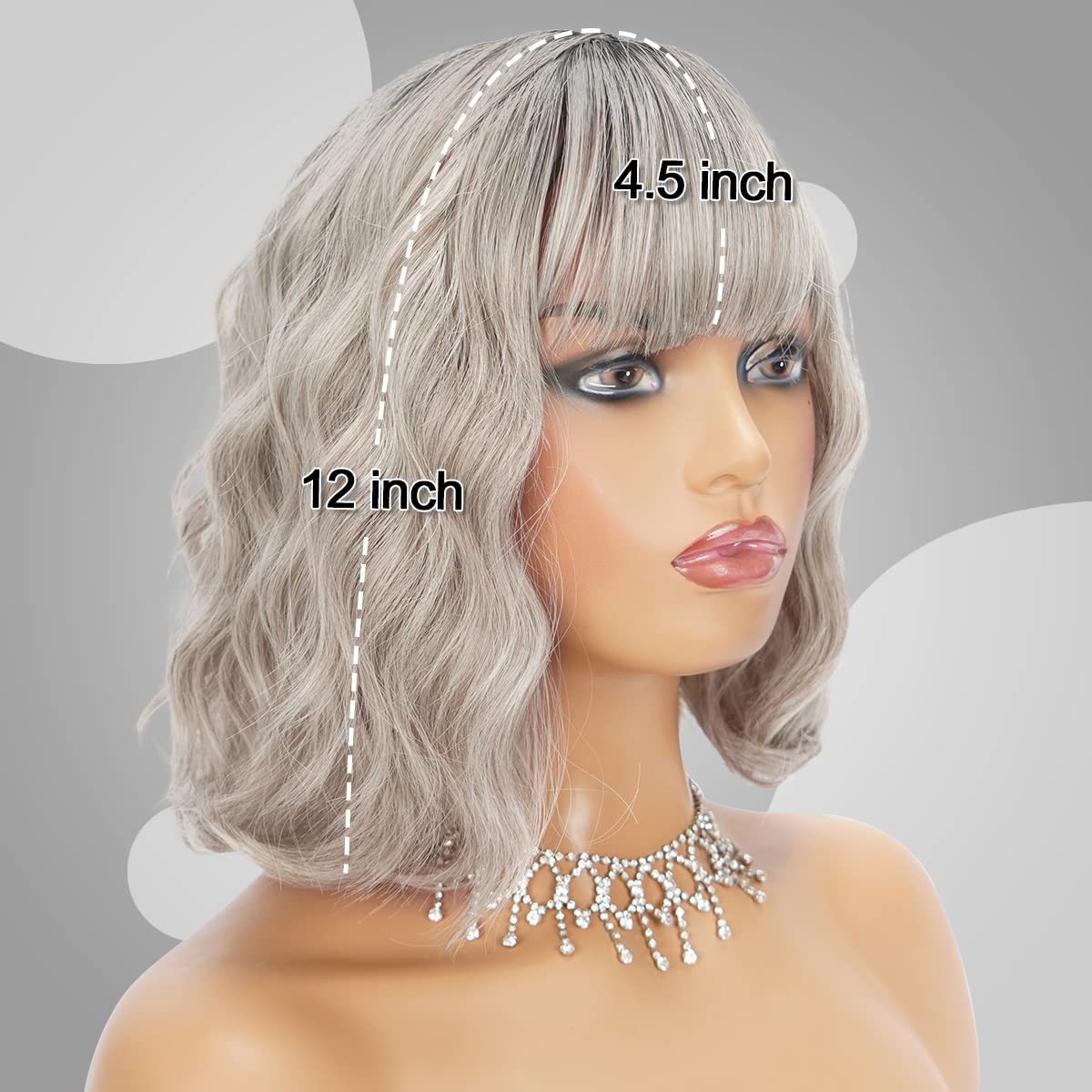 Short Wavy Bob Wig with Bangs Grey Natural Ombre Silver Synthetic Hair Shoulder Length Short Curly Wigs