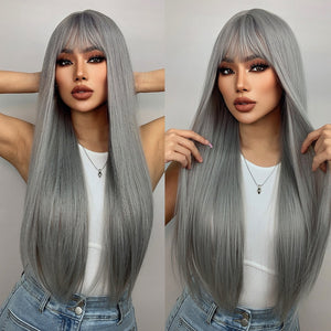 Open image in slideshow, Light Blue Gray Long Straight Synthetic Hair Wigs with Bangs

