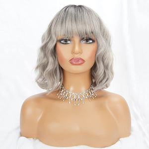 Open image in slideshow, Short Wavy Bob Wig with Bangs Grey Natural Ombre Silver Synthetic Hair Shoulder Length Short Curly Wigs
