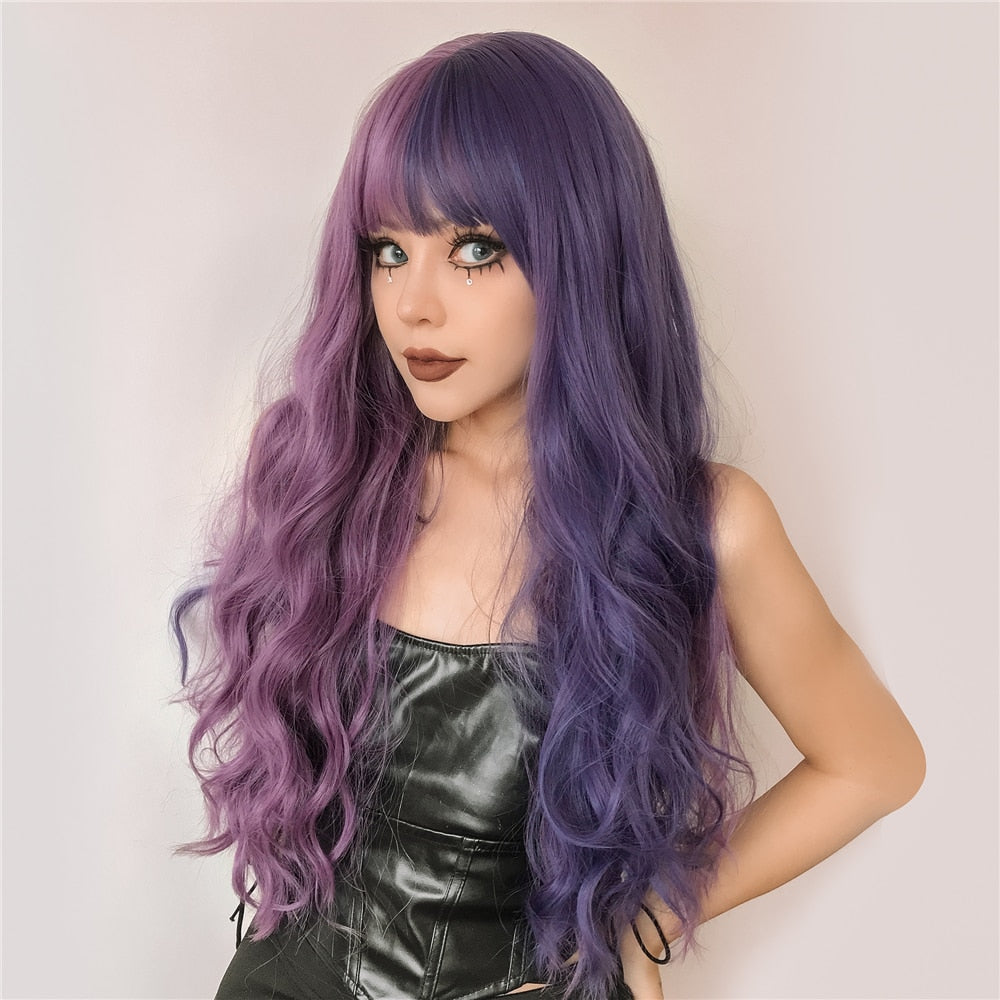 Purple Long Wavy Synthetic Wig with Bangs Cosplay