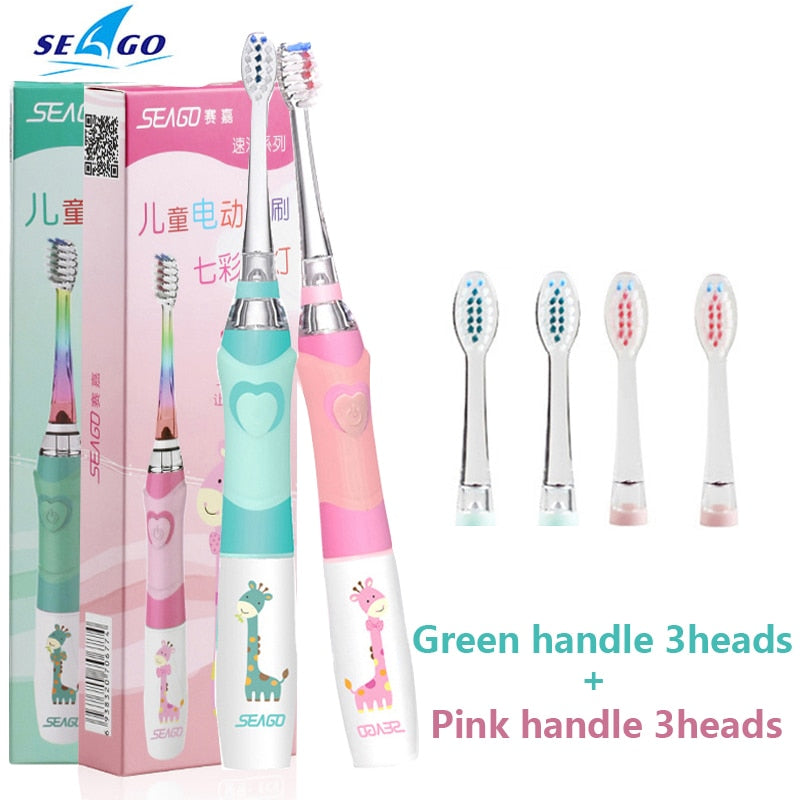 Seago Children's Sonic Electric Toothbrush for 3-12 Age Kids Sonic Tooth Brush Timer Battery Vibrate Led Replacement Brush Heads