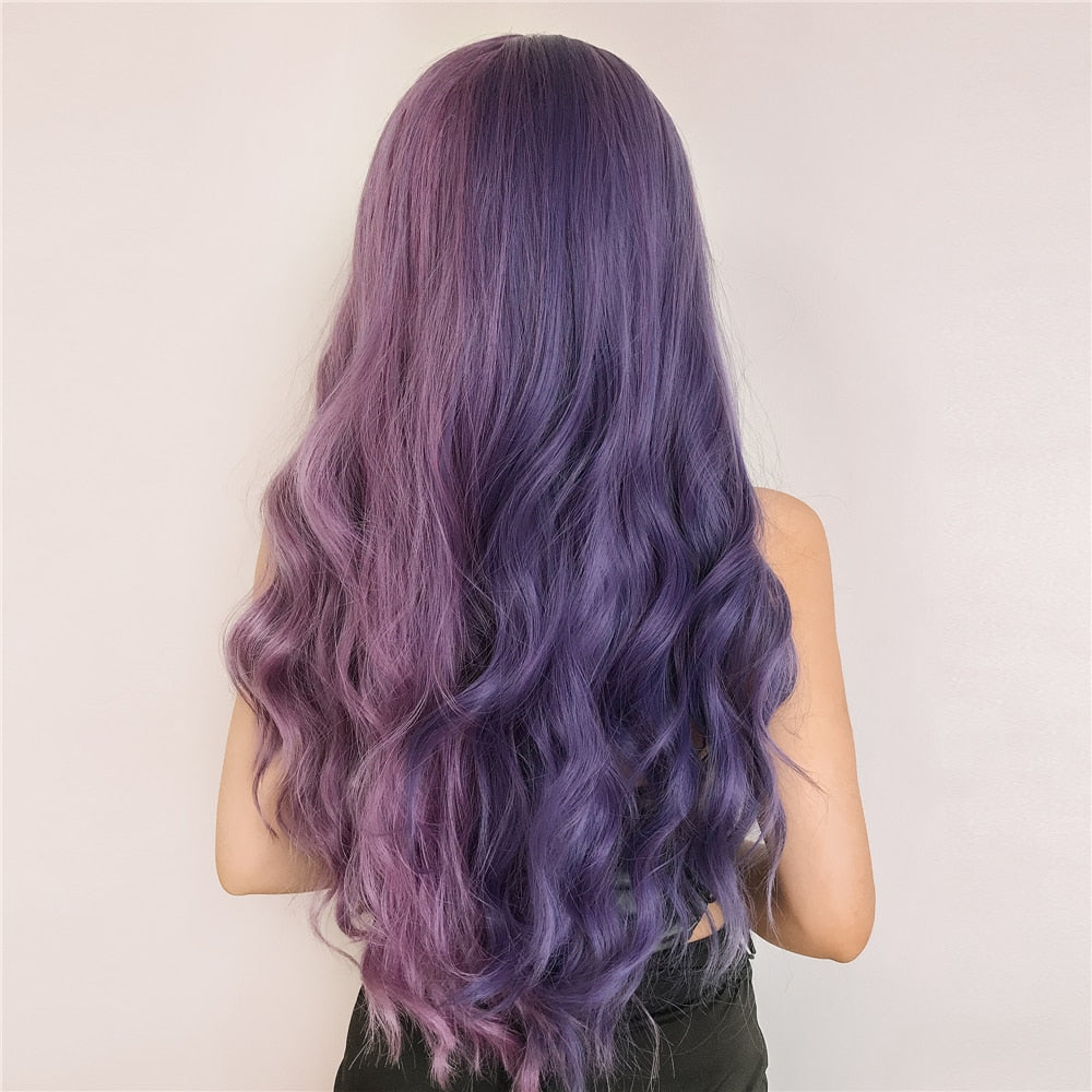 Purple Long Wavy Synthetic Wig with Bangs Cosplay