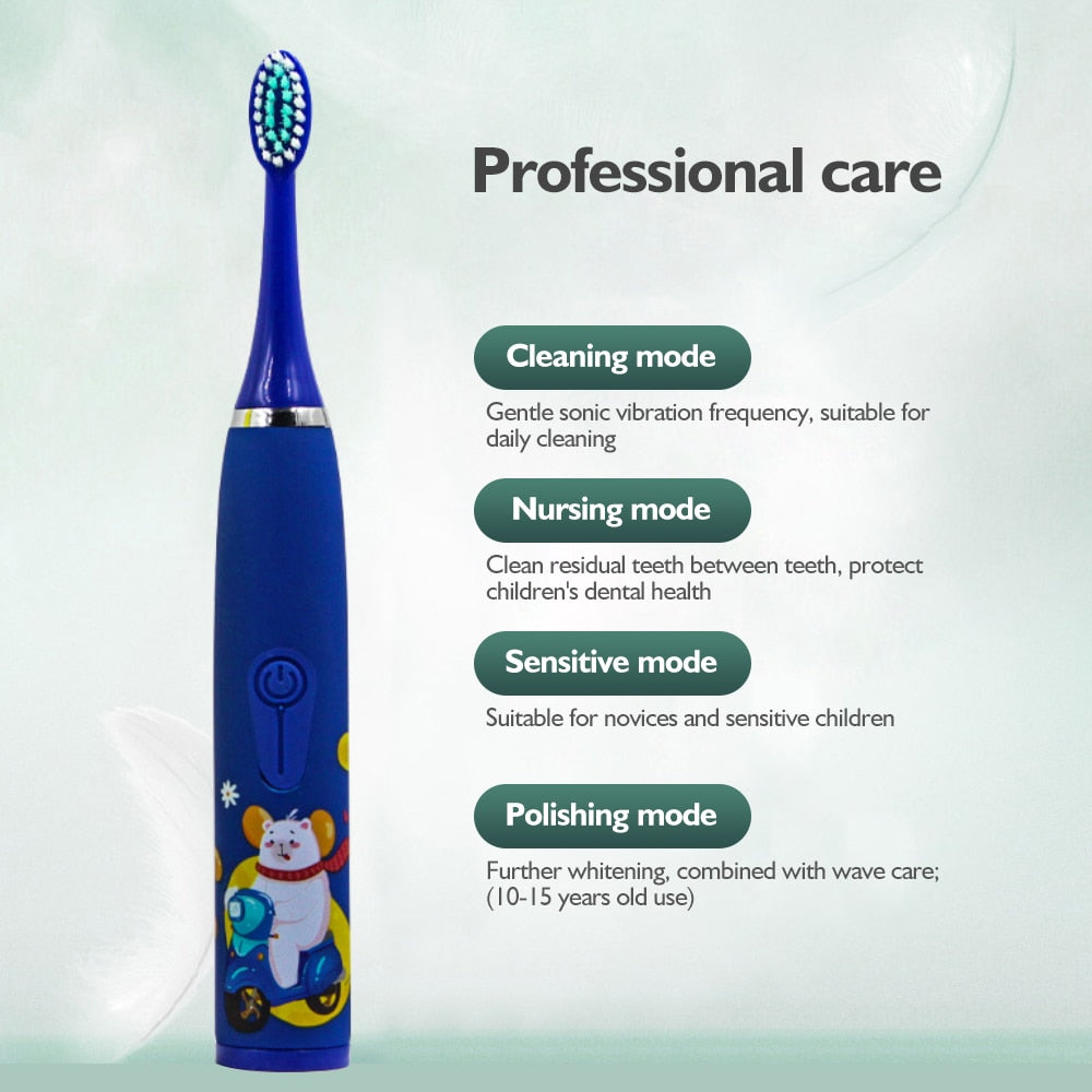 Children's Electric Tooth Brush Sonic Oral Care Toothbrush Kids Ultrasonic Soft Cartoon Teeth Cleaner Ipx6 Waterproof 4 Mode USB