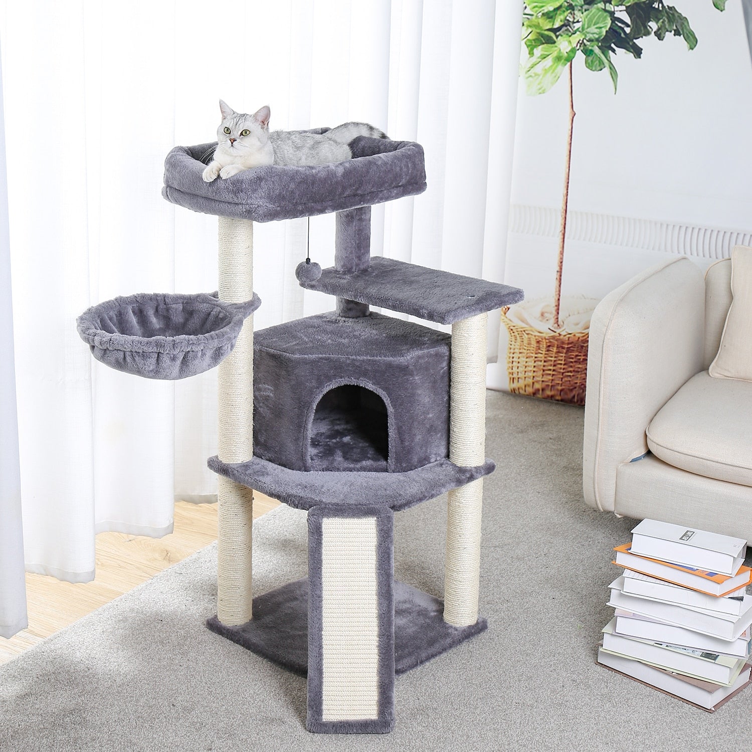 Multi-Level Pet Cat Tree House Candos Soft Natural Sisal Scratching Posts for Kitten Tower with Basket Beds Protecting Furniture