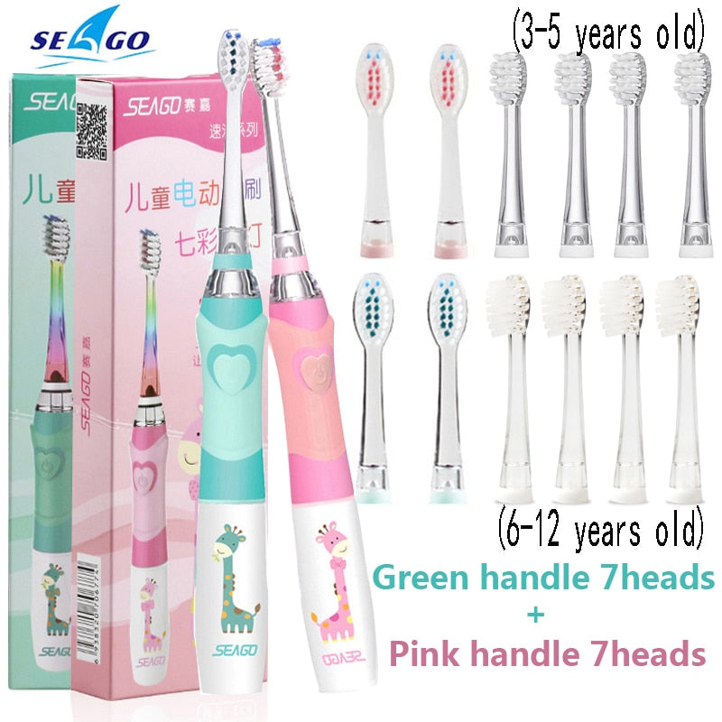 Seago Children's Sonic Electric Toothbrush for 3-12 Age Kids Sonic Tooth Brush Timer Battery Vibrate Led Replacement Brush Heads