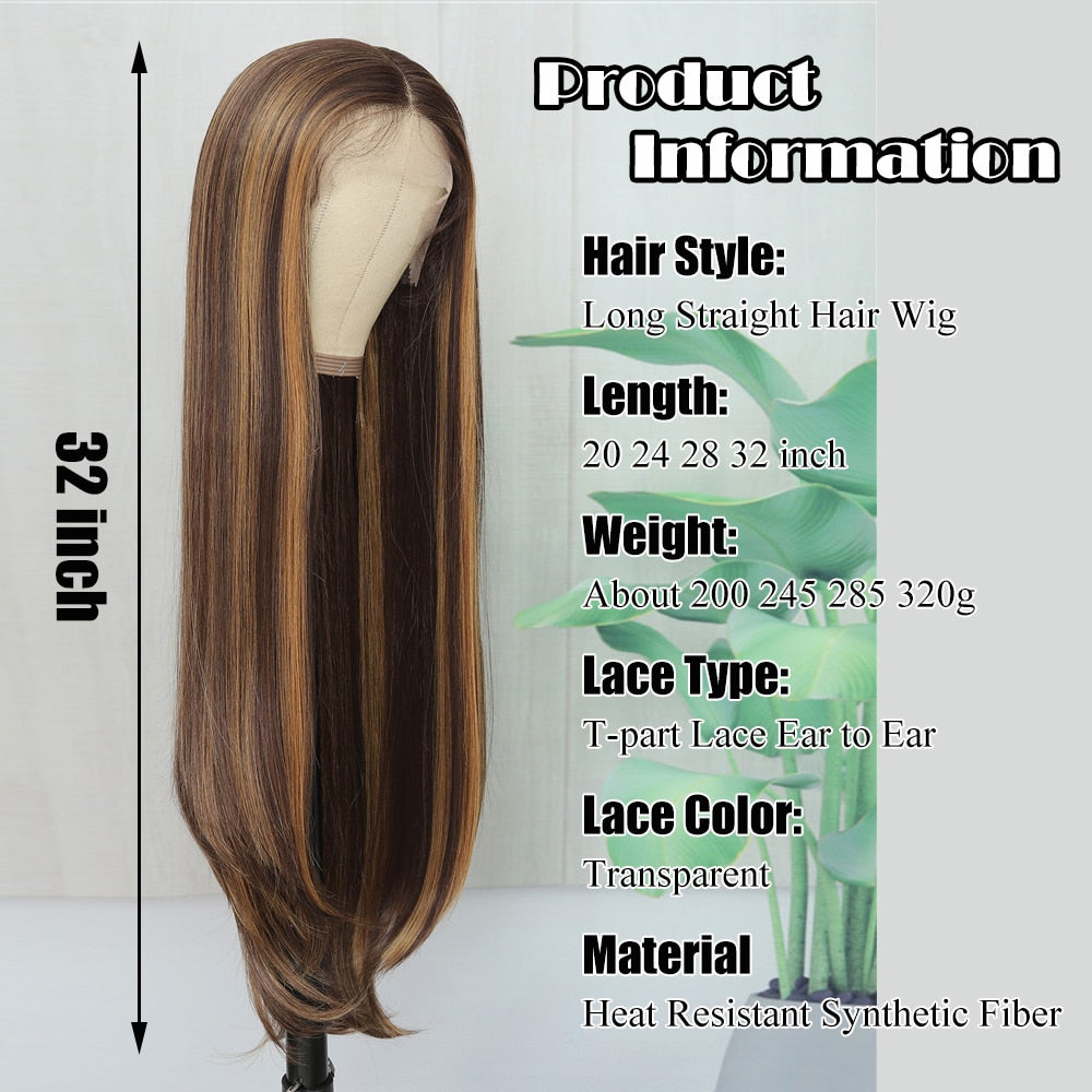 X-TRESS 32 Inch Straight Highlight Lace Front Wig Ombre Honey Blonde Colored Synthetic Lace Wigs with Baby Hair