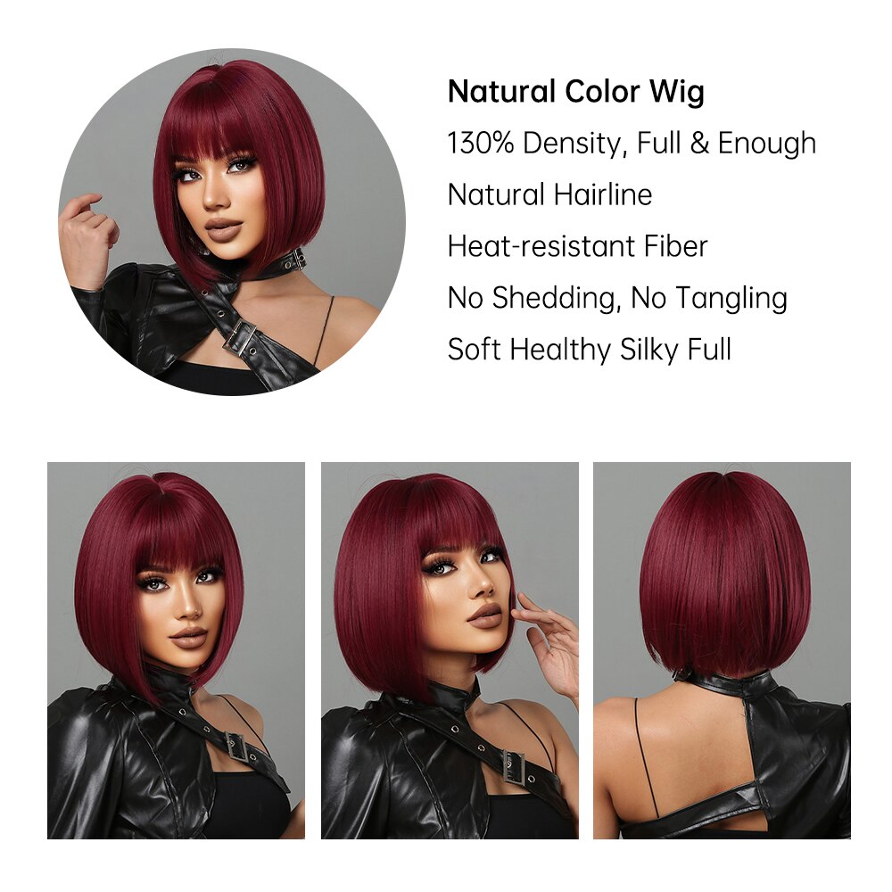 Short Wine Red Bob Wigs Burgundy With Thick Bangs Heat Resistant Synthetic Wig