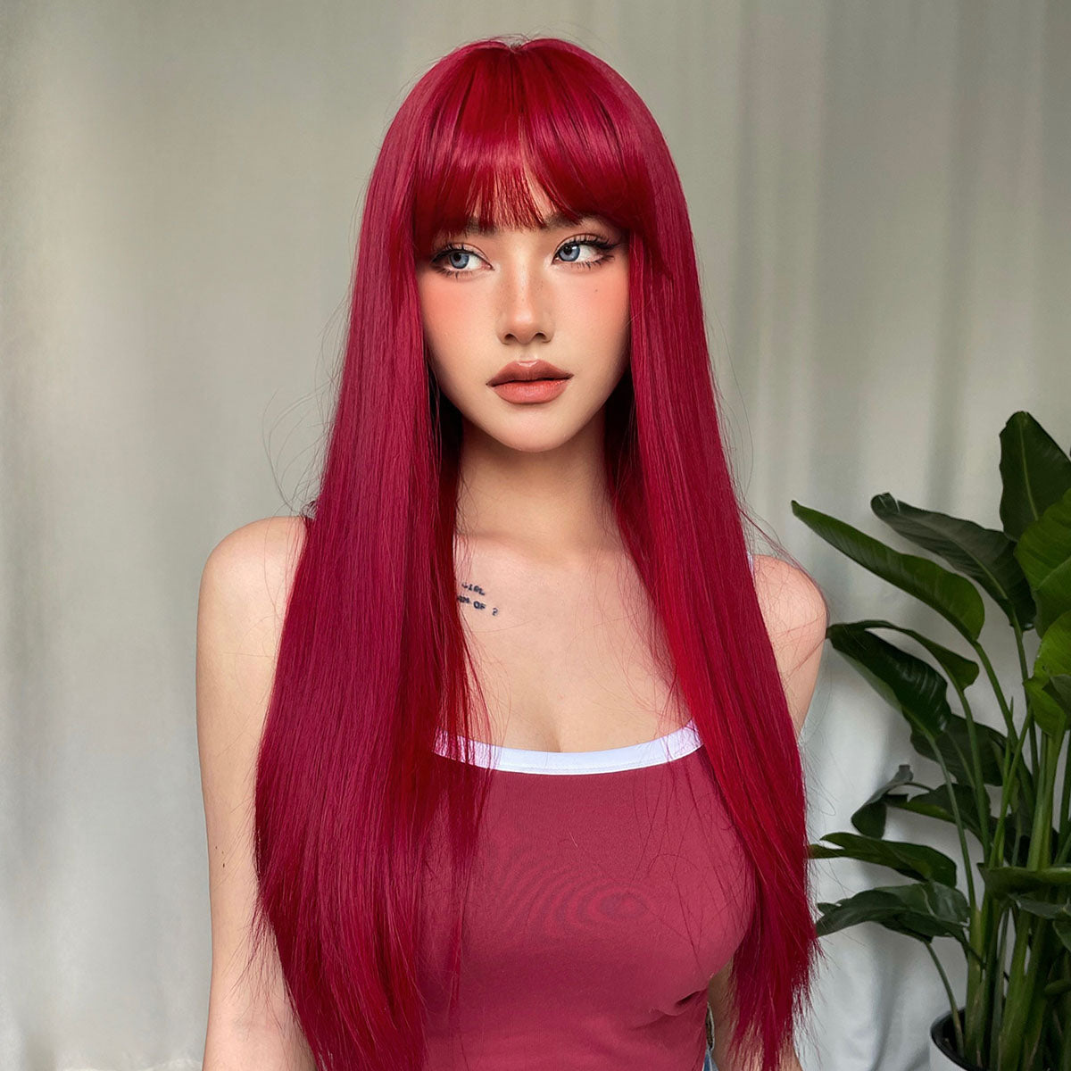 Light Wine Red Synthetic Wigs With Bangs for Women Long Straight Hair