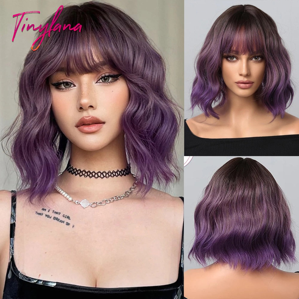 Gray Purple Pink Short Bob Synthetic Wigs with Bangs