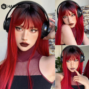 HAIRCUBE Wine Red Long Straight Synthetic Wigs With Bangs