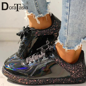 Open image in slideshow, Brand New Ladies INS Hot Metallic Sneakers Spring Autumn Lace-up Women&#39;s Flat Sneakers Fashion Patchwork Glitters Woman Shoes
