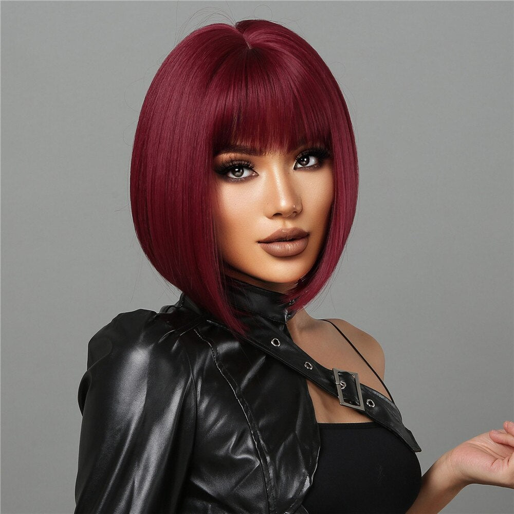 Short Wine Red Bob Wigs Burgundy With Thick Bangs Heat Resistant Synthetic Wig