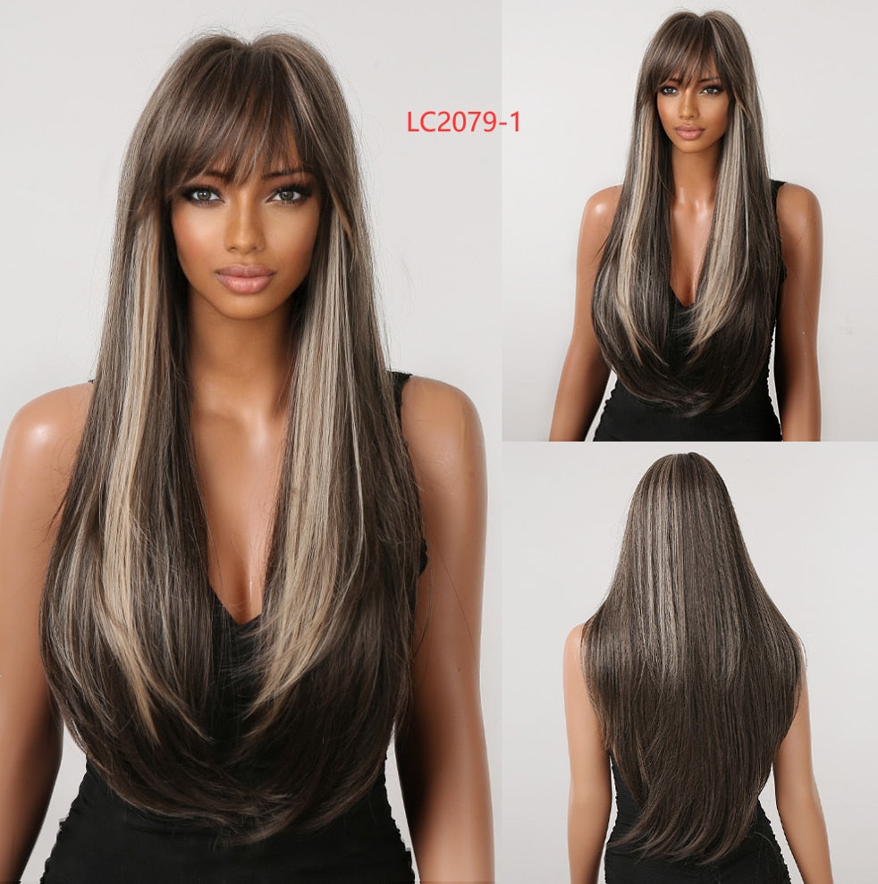 Light Blue Gray Long Straight Synthetic Hair Wigs with Bangs