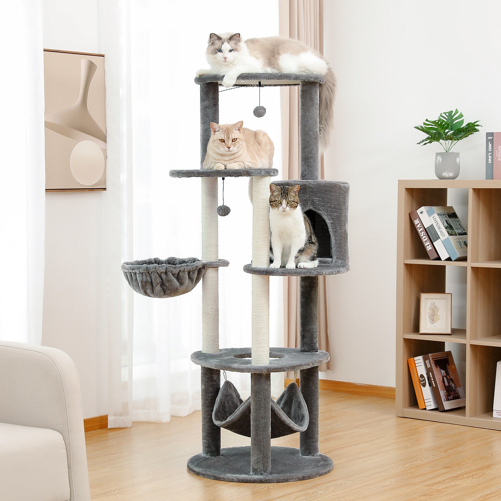 Multi-Level Pet Cat Tree House Candos Soft Natural Sisal Scratching Posts for Kitten Tower with Basket Beds Protecting Furniture