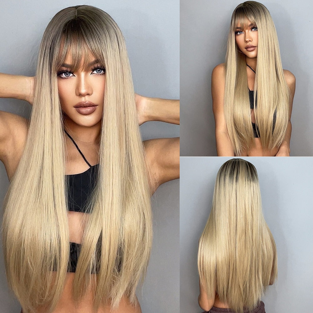 Silver Ash Gray Long Straight Synthetic Wigs