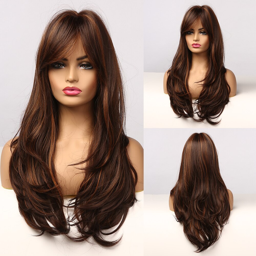 Natural Blonde Yellow Long Wavy Synthetic Hair Wigs with Bangs Women Body Wave Cosplay