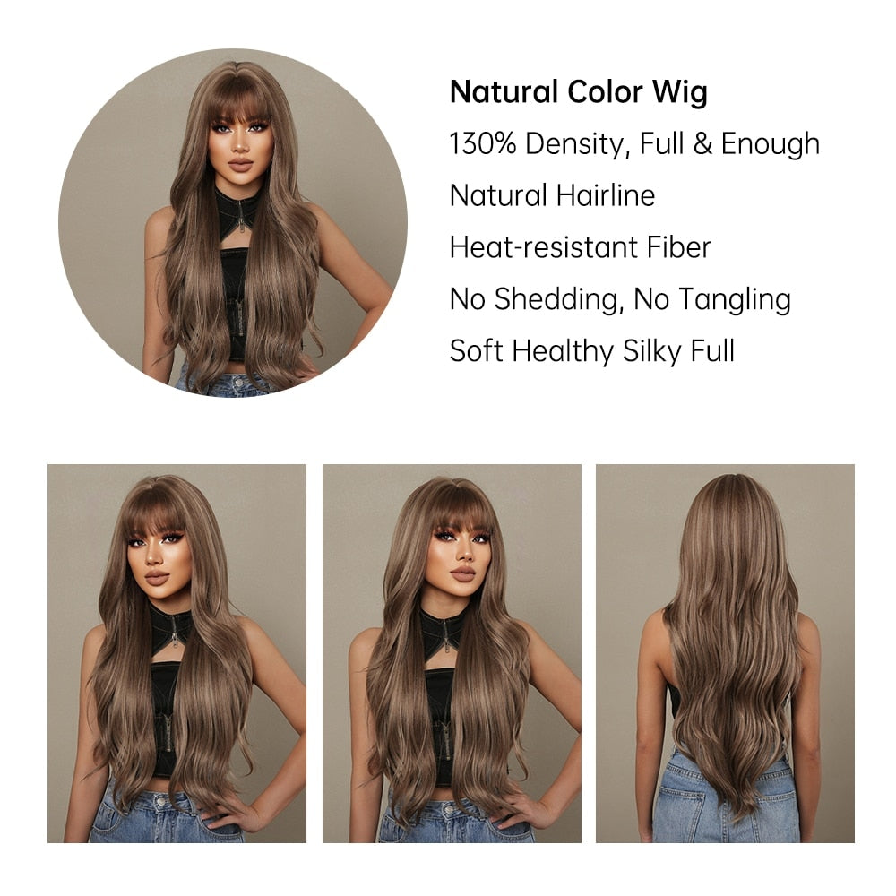 HAIRCUBE Brown Mixed Blonde Synthetic Wigs with Bang Long Natural Wavy Hair Wig Cosplay