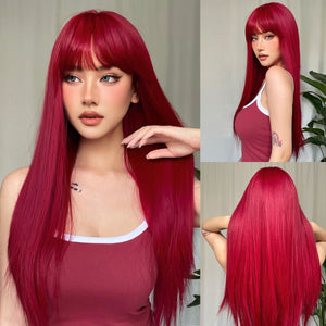Open image in slideshow, Light Wine Red Synthetic Wigs With Bangs for Women Long Straight Hair
