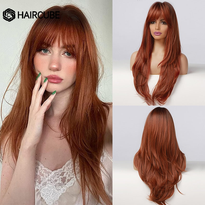 HAIRCUBE Wine Red Long Straight Synthetic Wigs With Bangs