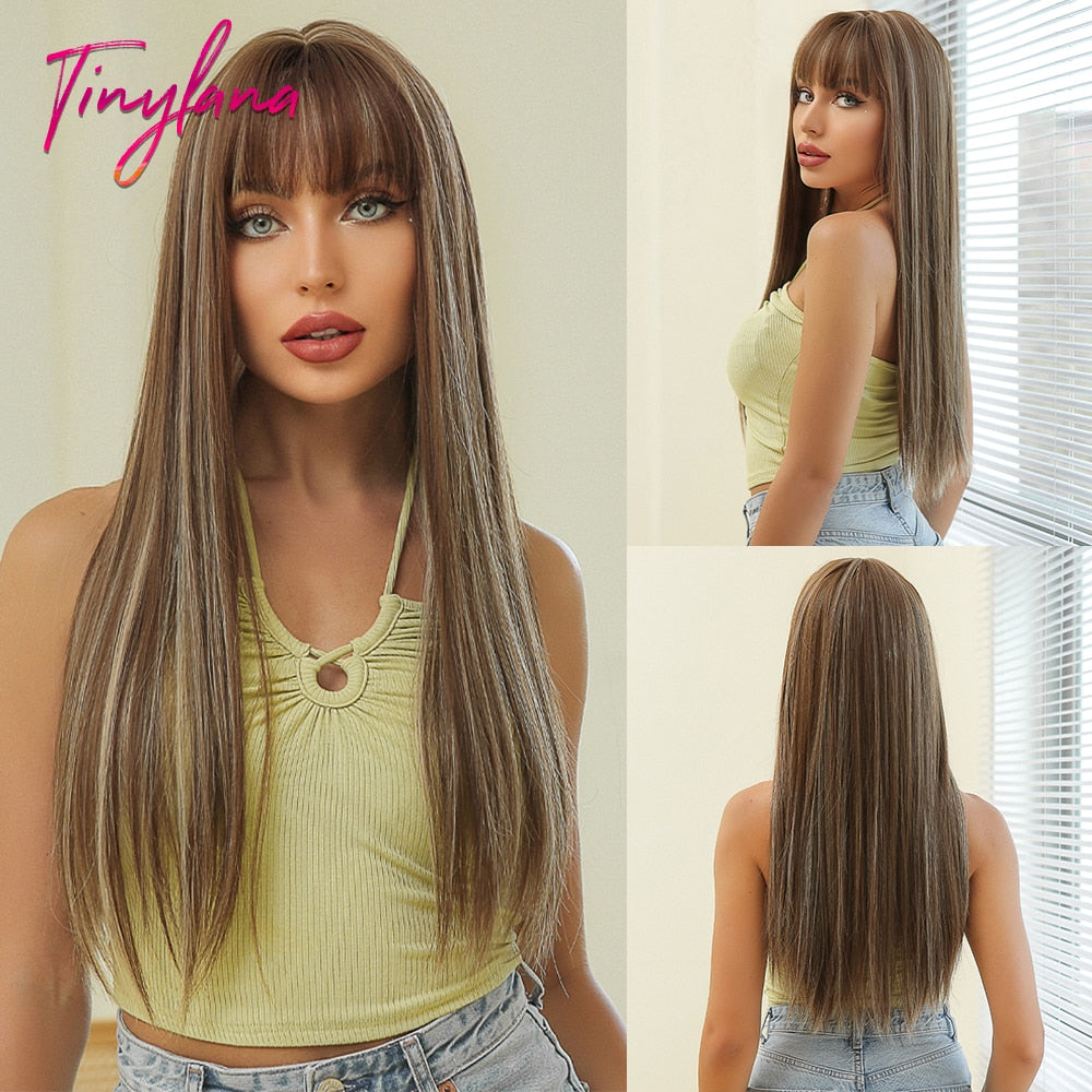 Light Blue Gray Long Straight Synthetic Hair Wigs with Bangs