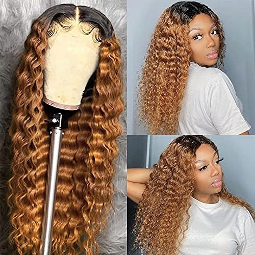 Kinky Curly Wigs Highlight Curly Lace Dark Root Ombre Brown Honey Blonde Synthetic Wigs