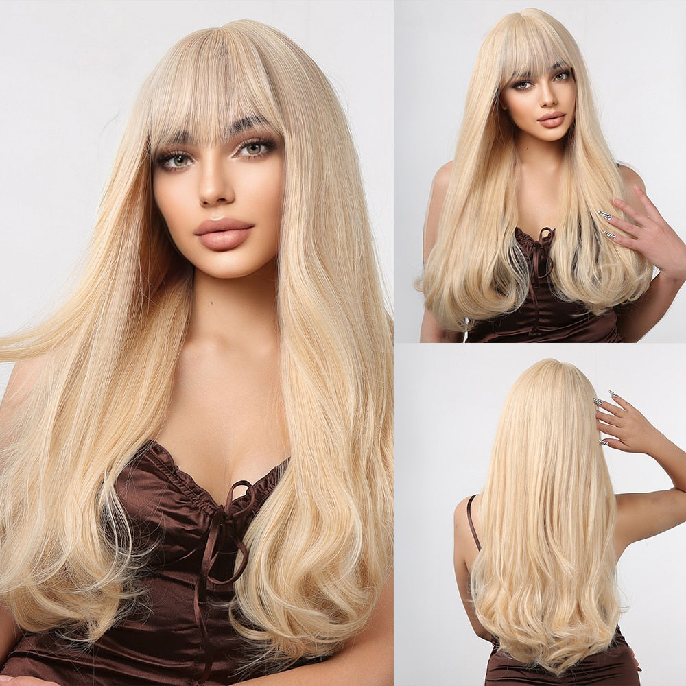 Light Blonde Long Straight Synthetic Wigs Lolita Cosplay Hair with Bangs