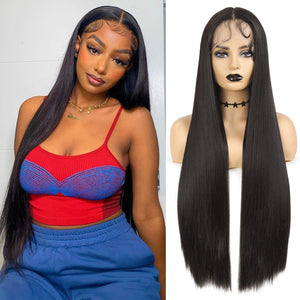 Open image in slideshow, X-TRESS 32 Inch Straight Highlight Lace Front Wig Ombre Honey Blonde Colored Synthetic Lace Wigs with Baby Hair
