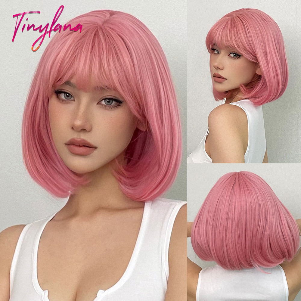 Blue Purple Ombre Cosplay Synthetic Wigs Short Bob Straight Lolita Wig with Bangs