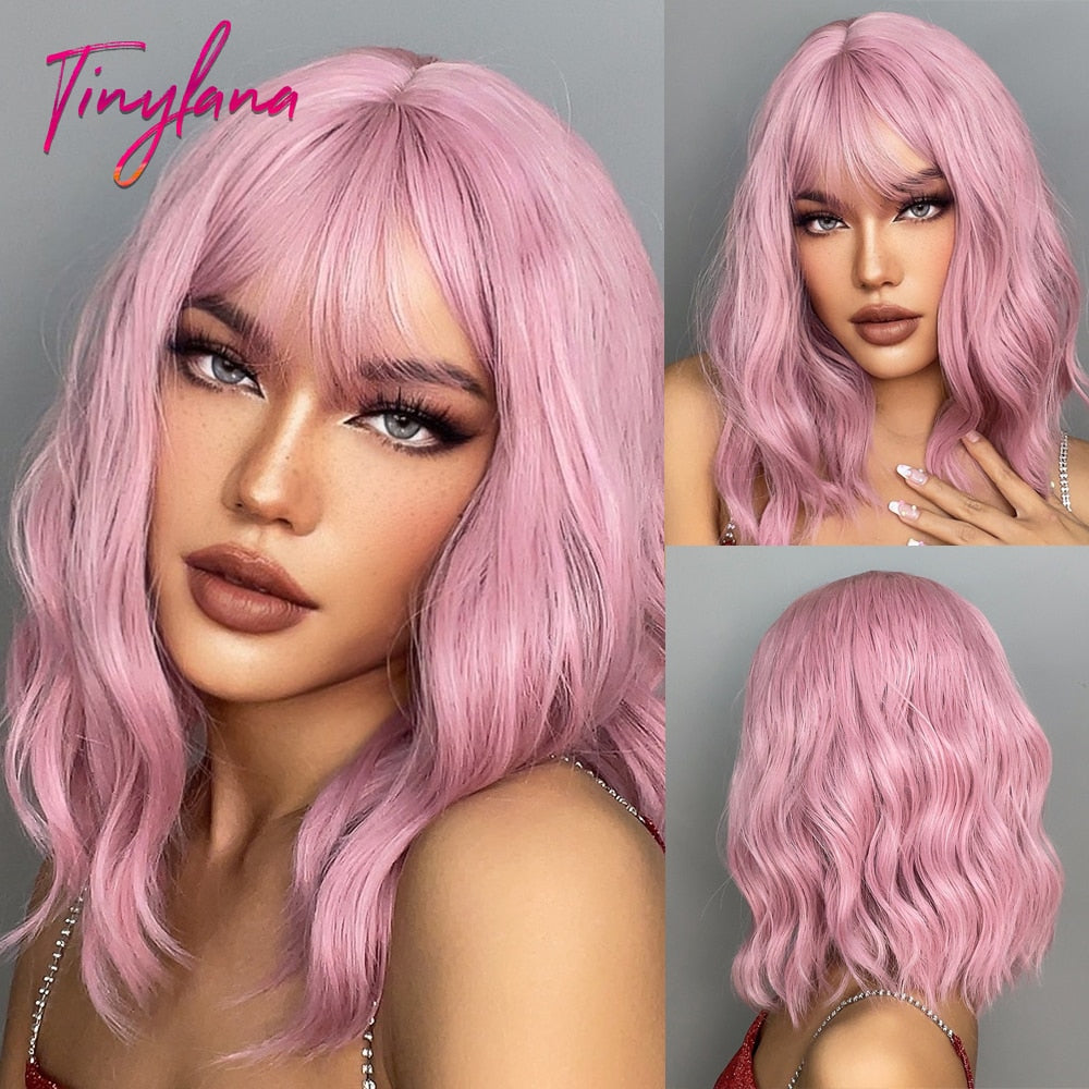 TINY LANA Light Pink Short Bob Synthetic Hair Wigs with Bangs Body Wave Natural Cosplay Party Heat Resistant Wig