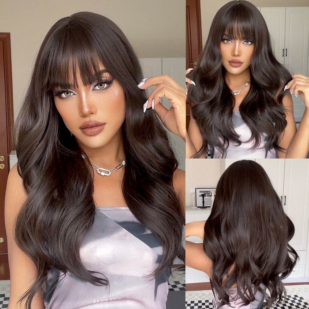 TINY LANA Natural Black Long Wavy Synthetic Wig with Bangs Body Wave Dark Brown Wigs Cosplay Daily