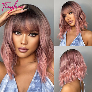 Open image in slideshow, TINY LANA Light Pink Short Bob Synthetic Hair Wigs with Bangs Body Wave Natural Cosplay Party Heat Resistant Wig
