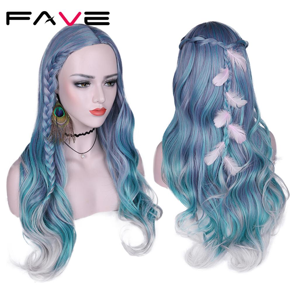 FAVE Hair Mixed Violet Blue Green Light Gray Color Fiber Long Wavy Synthetic Wigs for Women Middle Part Party Wig