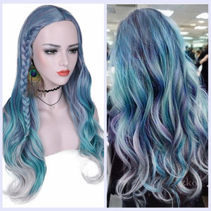 Open image in slideshow, FAVE Hair Mixed Violet Blue Green Light Gray Color Fiber Long Wavy Synthetic Wigs for Women Middle Part Party Wig
