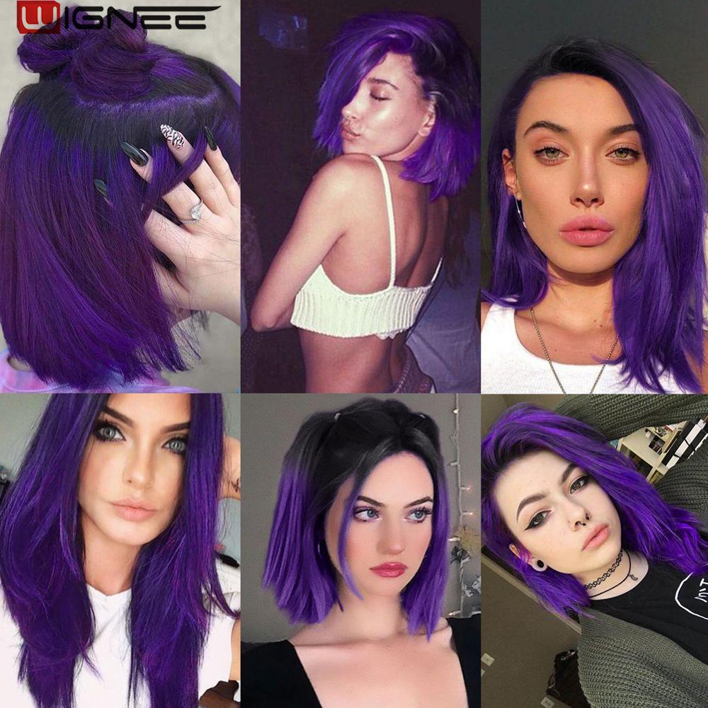 Wignee 2 Tone Ombre Purple Synthetic Middle Part Short Straight Hair Cosplay Party Daily Hair Wig