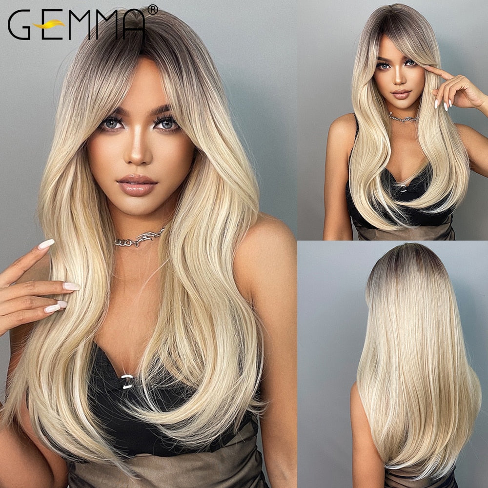 GEMMA Long Wavy Ombre Brown Purple Synthetic Wigs Heat Resistant Natural Middle Part Cosplay Party Lolita Hair Wigs