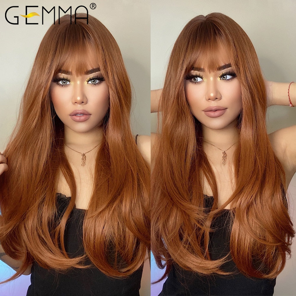 GEMMA Red Brown Copper Ginger Long Straight Synthetic Wigs Natural Wave Wigs with Bangs Heat Resistant Cosplay Hair