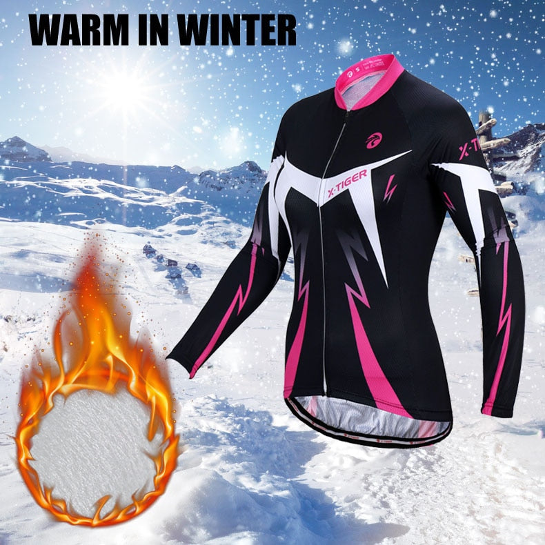 X-Tiger Women Winter Thermal Fleece Cycling Jersey Set Super Warm Mountain Bicycle Sportswear Cycling Clothing