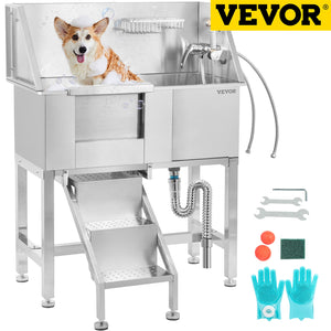 VEVOR 34 Inch Dog Grooming Stainless Steel Pet Grooming Tub With Faucet And Accessories For Washing Station Pet Bath