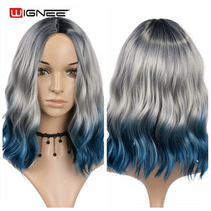 Wignee Ombre Grey to Blue Synthetic Wigs  Middle Part for Women Glueless Wavy  Cosplay Daily Natural Short Hair