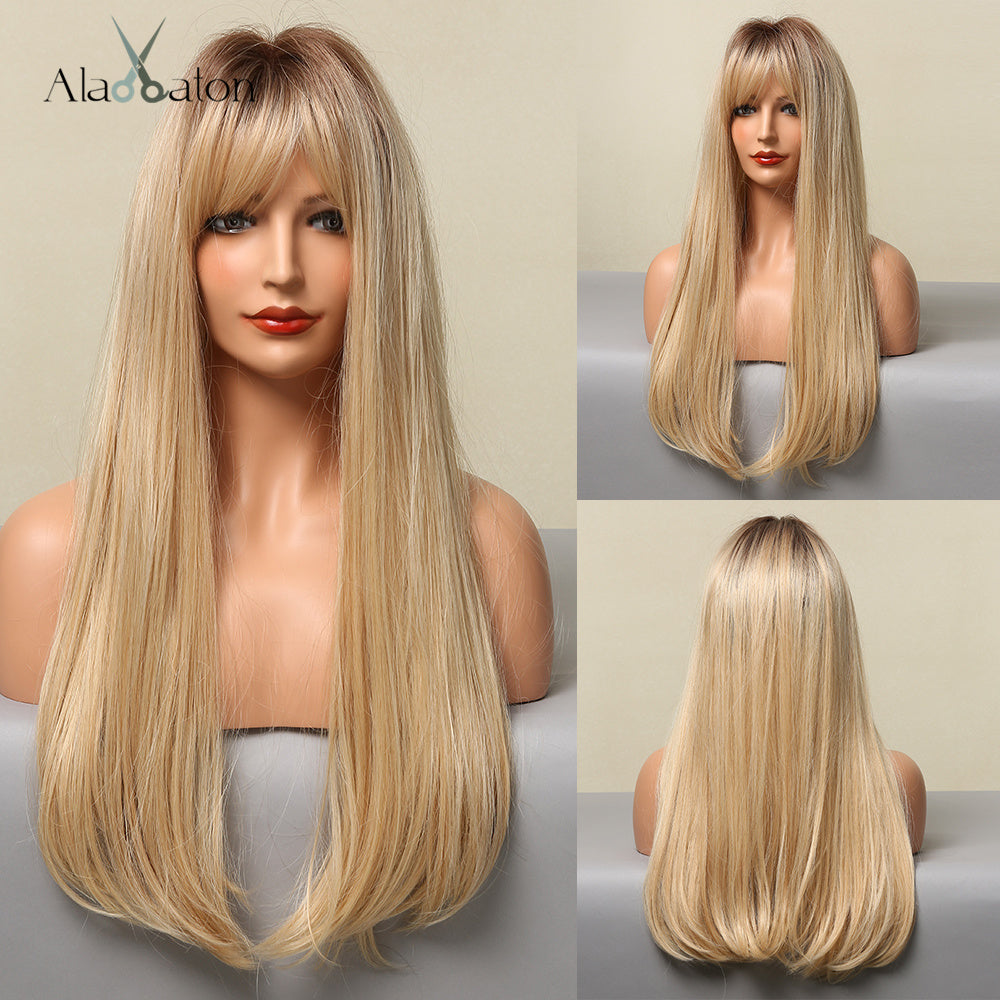 ALAN EATON Long Straight Synthetic Wigs Red Brown Copper Ginger Wigs with Bangs Cosplay Daily Party