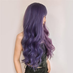 Purple Long Wavy Synthetic Wig with Bangs Cosplay Hair Two Tone Ombre Deep Wave Heat Resistant