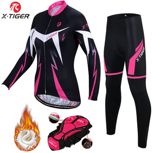 Open image in slideshow, X-Tiger Women Winter Thermal Fleece Cycling Jersey Set Super Warm Mountain Bicycle Sportswear Cycling Clothing
