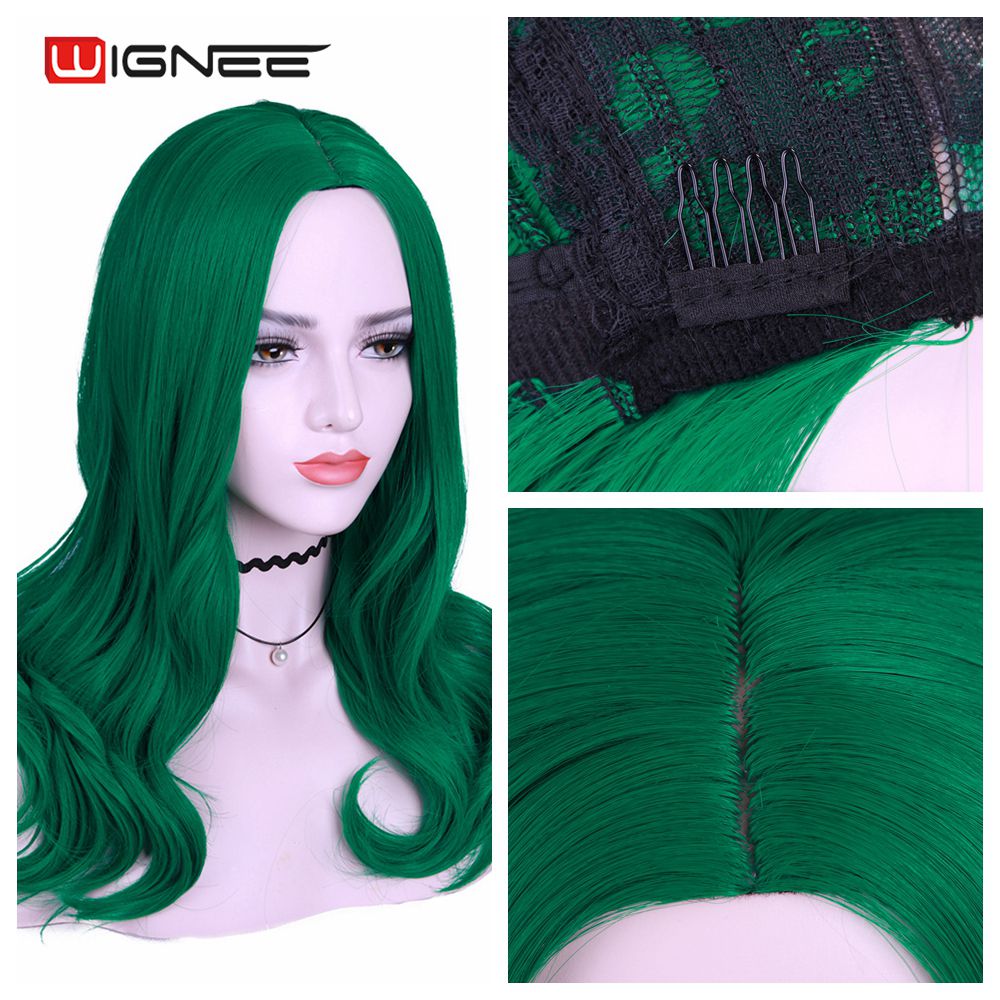 Wignee Long Synthetic Wigs Green Wavy Middle Part Daily/Party/Cosplay Heat Resistant Natural Glueless False Hair