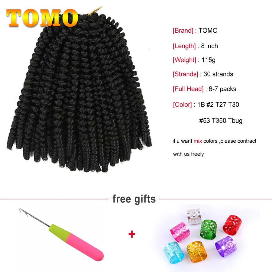 TOMO 8Inch Spring Twist Crochet Hair Curly Fluffy Twist Braids Ombre Color Synthetic Bomb Twist Braiding Hair Extensions 30Roots