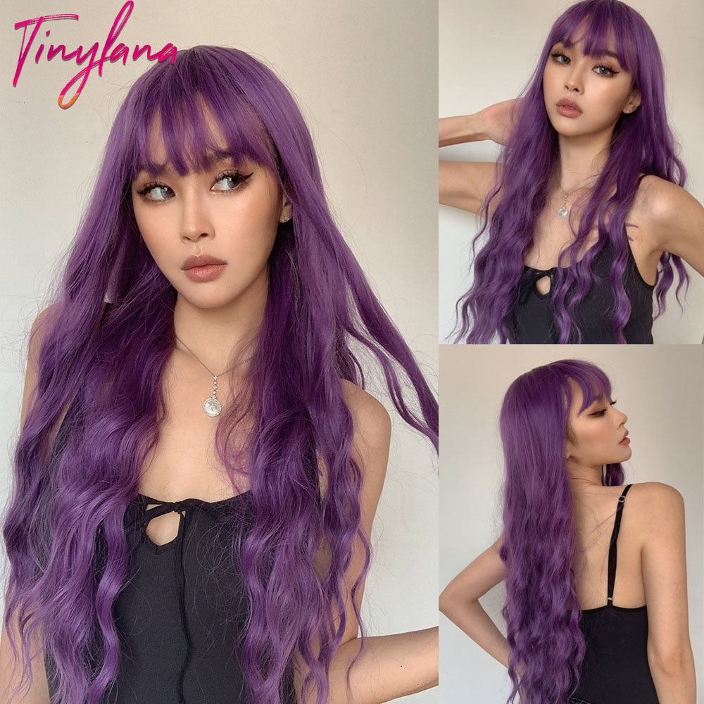 Purple Long Wavy Synthetic Wig with Bangs Cosplay Hair Two Tone Ombre Deep Wave Heat Resistant