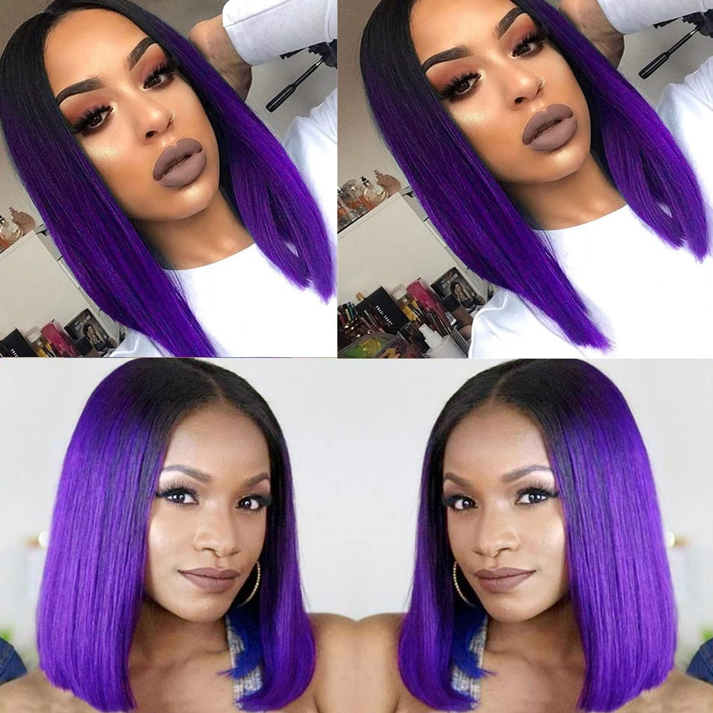 FAVE Ombre Black Purple/Blonde/Grey/Flax Brown/ Straight Synthetic Wig Shoulder Length Middle Part Cosplay For Daily Wig