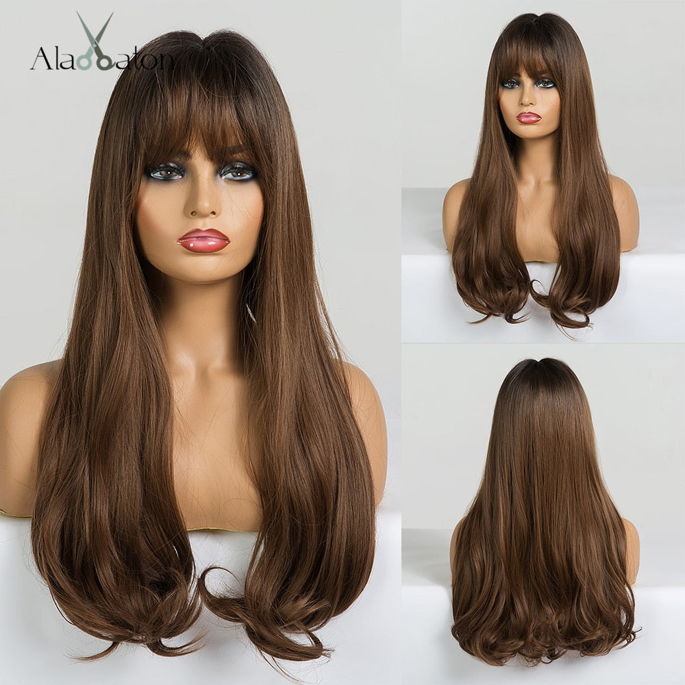 ALAN EATON Long Straight Synthetic Wigs Red Brown Copper Ginger Wigs with Bangs Cosplay Daily Party