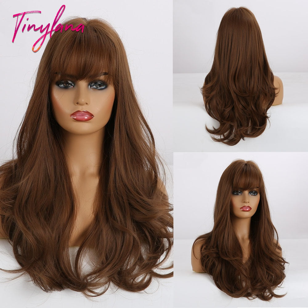 TINY LANA Natural Black Long Wavy Synthetic Wig with Bangs Body Wave Dark Brown Wigs Cosplay Daily