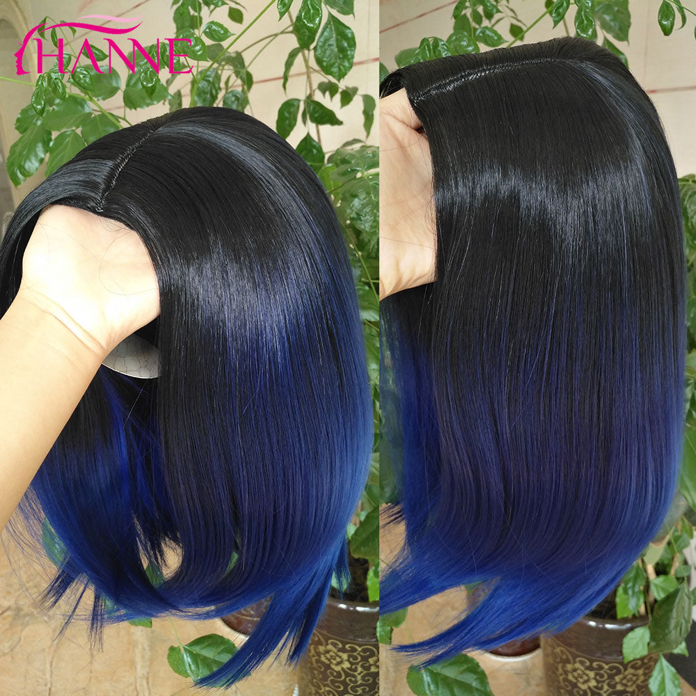 HANNE Short Bob Wigs Side Part Ombre Black to Blue/Gray/Green/Purple High Temperature Fiber  Synthetic Wigs