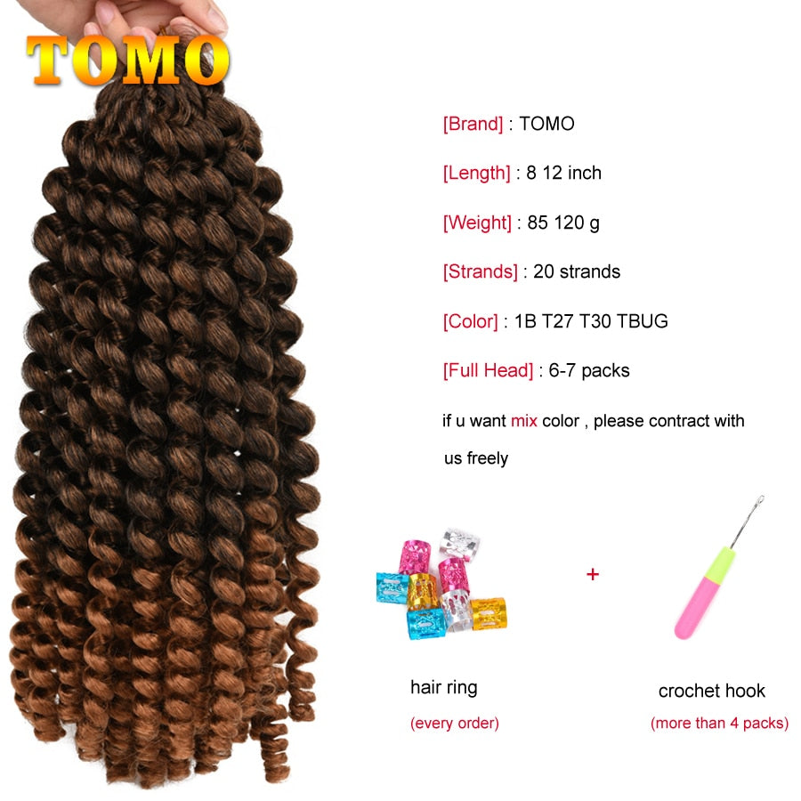 TOMO 8 12 Inch Short Curly Synthetic Hair Jamaican Bounce Wand Curl Braiding Hair 20 Roots Ombre Brown Crochet Hair Extensions